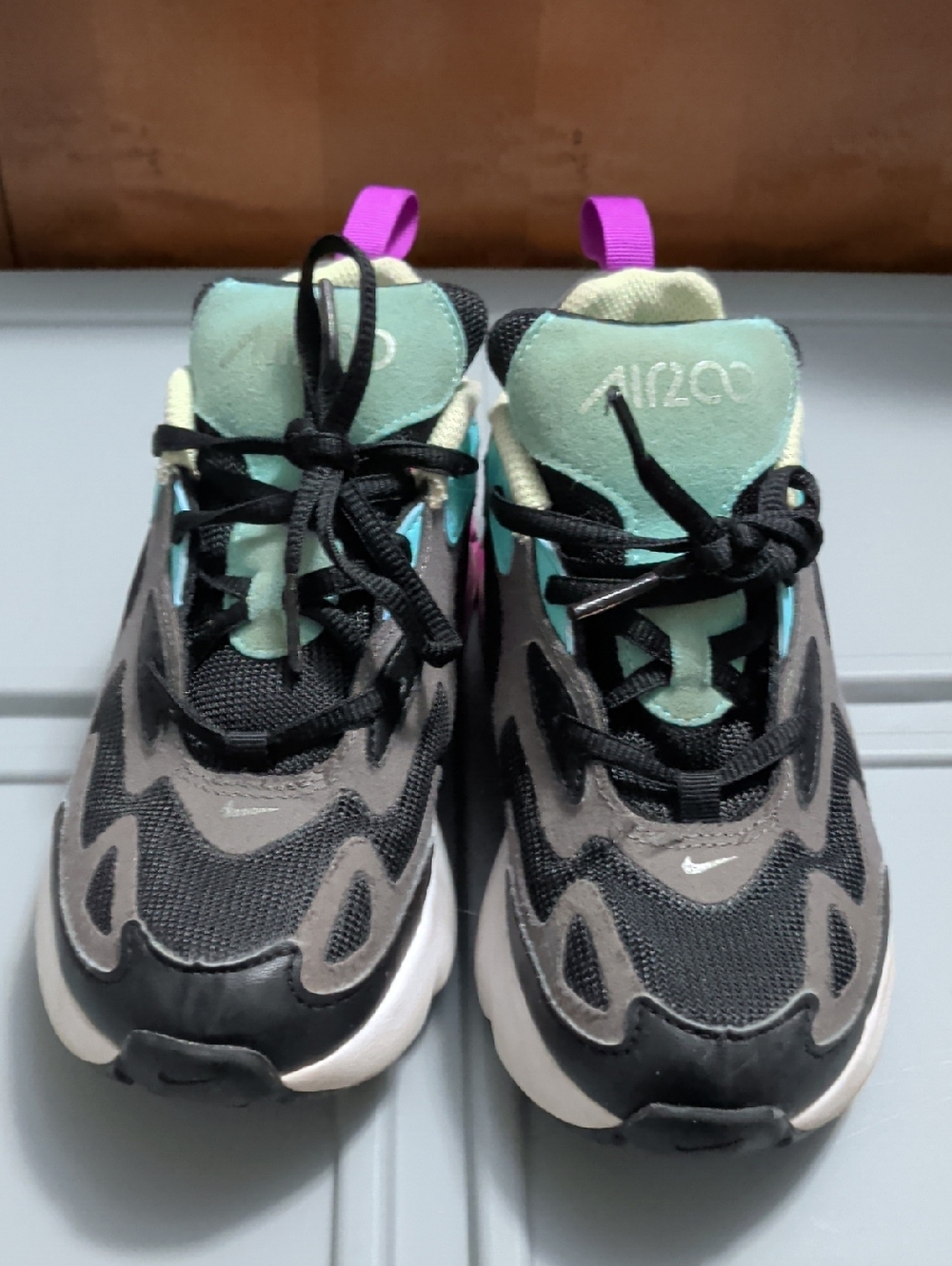Kids Nike Athletic Sneakers in Black, Gray & Mint with Pink Pull Tab